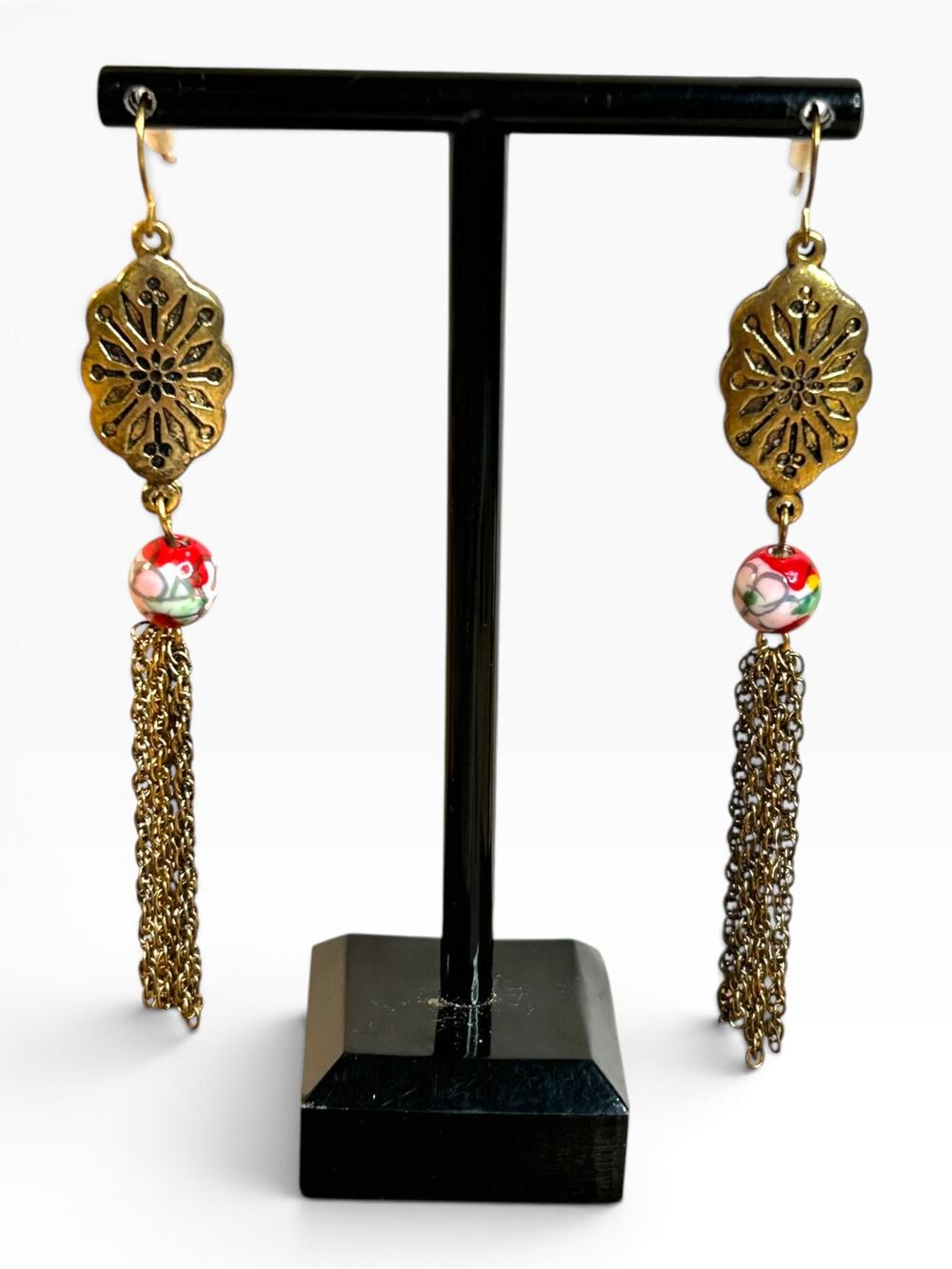 Dangle Earrings Tassel Chains Gold Tone Filigree Cloisonne Statement Earrings